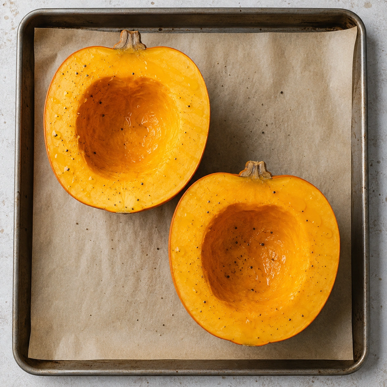 Halved pumpkins oiled and prepared for roasting